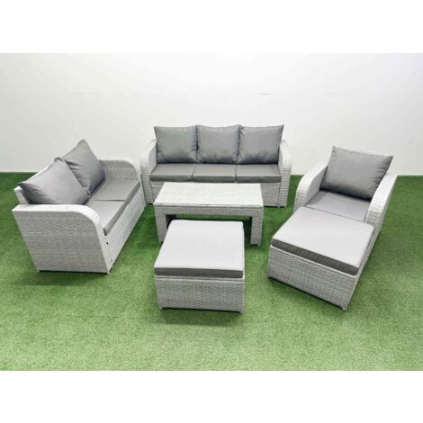 Fimous Patio PE Wicker 8 Seater Outdoor Rattan Furniture Sofa Sets with Oblong Coffee Table Reclining Chair Loveseat Sofa 3 Seater Sofa 2 Big Footstools Light Grey