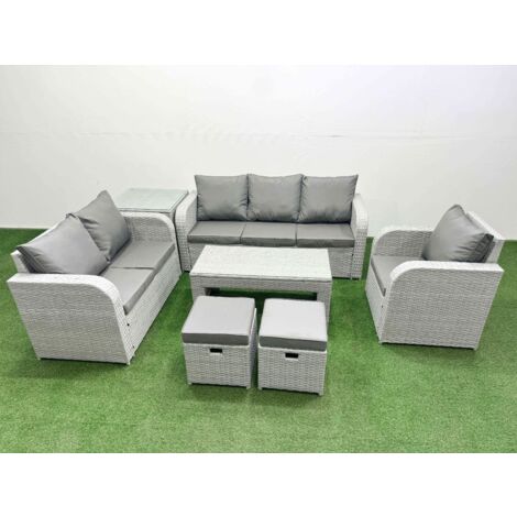 Fimous Patio PE Wicker 8 Seater Outdoor Rattan Furniture Sofa Sets with Oblong Coffee Table Reclining Chair Loveseat Sofa 3 Seater Sofa Stool Side Table Light Grey