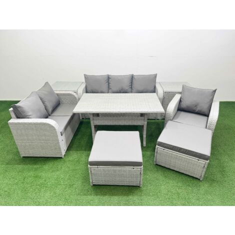 Fimous Patio PE Wicker 8 Seater Outdoor Rattan Furniture Sofa Sets with Rectangular Dining Table Reclining Chair Loveseat Sofa 3 Seater Sofa 2 Big Footstools 2 Side Table  Light Grey