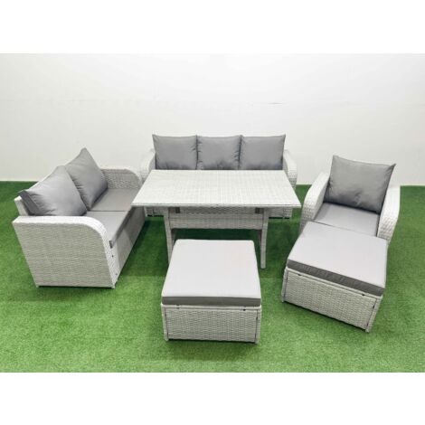 Fimous Patio PE Wicker 8 Seater Outdoor Rattan Furniture Sofa Sets with Rectangular Dining Table Reclining Chair Loveseat Sofa 3 Seater Sofa 2 Big Footstools Light Grey