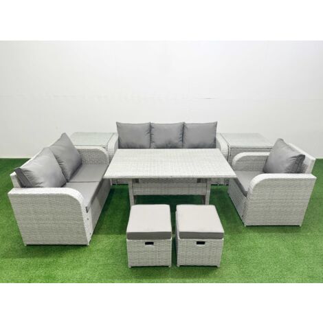Fimous Patio PE Wicker 8 Seater Outdoor Rattan Furniture Sofa Sets with Rectangular Dining Table Reclining Chair Loveseat Sofa 3 Seater Sofa Stool 2 Side Table Light Grey