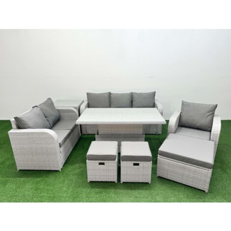 Fimous Patio PE Wicker 9 Seater Outdoor Rattan Furniture Sofa Sets with Adjustable Lifting Dining or Coffee Table Reclining Chair Loveseat Sofa 3 Seater Sofa Stool Side Table Light Grey