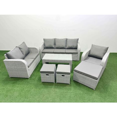 Fimous Patio PE Wicker 9 Seater Outdoor Rattan Furniture Sofa Sets with Oblong Coffee Table Reclining Chair Loveseat Sofa 3 Seater Sofa Stool Light Grey