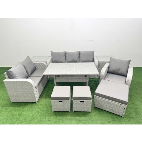 Fimous Patio PE Wicker 9 Seater Outdoor Rattan Furniture Sofa Sets with Rectangular Dining Table Reclining Chair Loveseat Sofa 3 Seater Sofa Stool 2 Side Table Light Grey