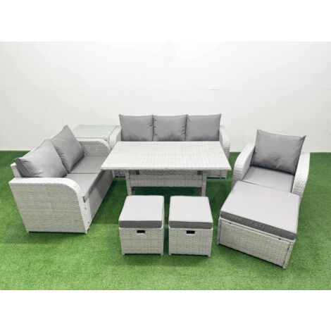 Fimous Patio PE Wicker 9 Seater Outdoor Rattan Furniture Sofa Sets with Rectangular Dining Table Reclining Chair Loveseat Sofa 3 Seater Sofa Stool Side Table Light Grey