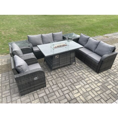 Fimous Patio Rattan Garden Furniture Set with Fire Pit Table,Chair and Side Table 8 Seater Outdoor Indoor Lounge Sofa Set Dark Grey Mixed