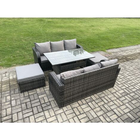 Fimous Patio Rattan Garden Furniture Set with Oblong Rectangular Dining Table 2 Big Footstool 5 Pieces Outdoor Lounge Sofa Set Dark Grey Mixed