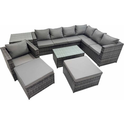 Fimous Patio Sofa Oblong Coffee Table Set Rattan Garden Furniture Set with 2 Big Stools Chair Side Table Dark Grey Mixed