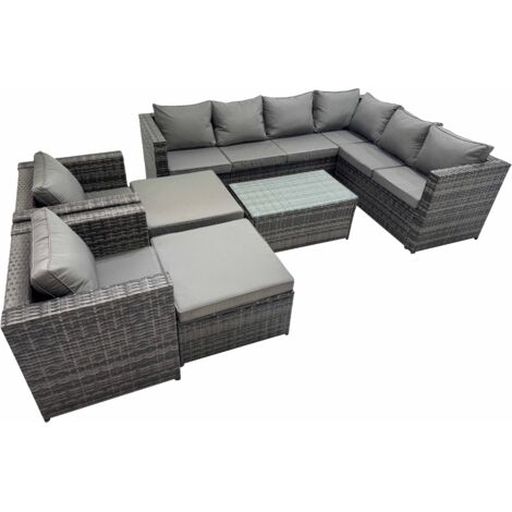 Fimous Patio Sofa Oblong Coffee Table Set Rattan Garden Furniture Set with 2 Chairs 2 Big Stools Dark Grey Mixed