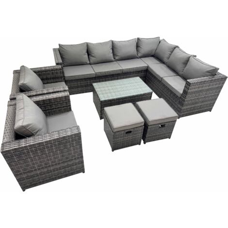 Fimous Patio Sofa Oblong Coffee Table Set Rattan Garden Furniture Set with 2 Chairs 2 Small Stools Dark Grey Mixed