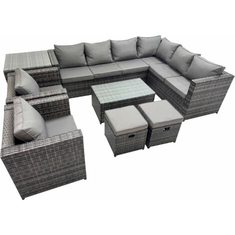 Fimous Patio Sofa Oblong Coffee Table Set Rattan Garden Furniture Set with 2 Chairs 2 Small Stools Side Table Dark Grey Mixed