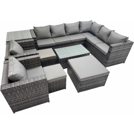 Fimous Patio Sofa Oblong Coffee Table Set Rattan Garden Furniture Set with 2 Chairs 3 Stools Side Table Dark Grey Mixed
