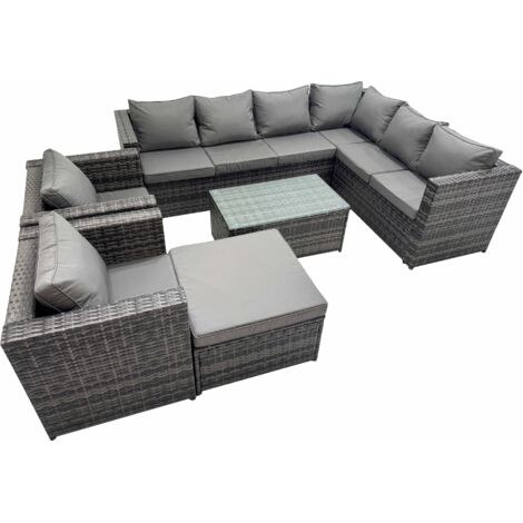 Fimous Patio Sofa Oblong Coffee Table Set Rattan Garden Furniture Set with 2 Chairs Big Stool Dark Grey Mixed