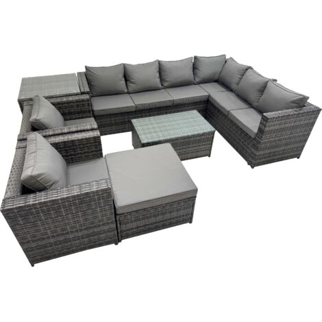 Fimous Patio Sofa Oblong Coffee Table Set Rattan Garden Furniture Set with 2 Chairs Big Stool Side Table Dark Grey Mixed