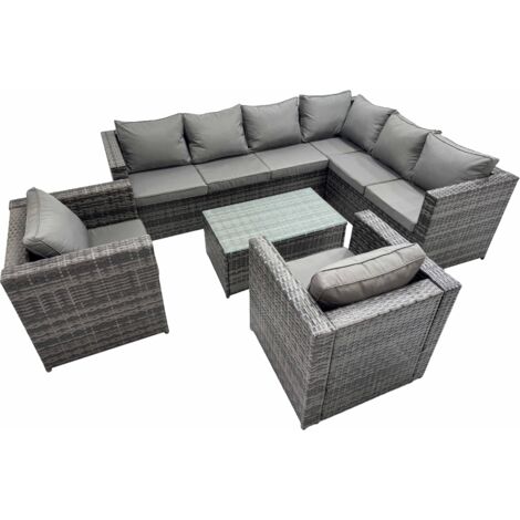 Fimous Patio Sofa Oblong Coffee Table Set Rattan Garden Furniture Set with 2 Chairs Dark Grey Mixed