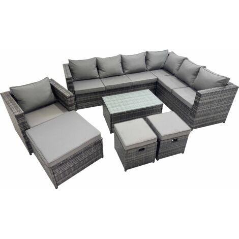 Fimous Patio Sofa Oblong Coffee Table Set Rattan Garden Furniture Set with 3 Stools Chair Dark Grey Mixed