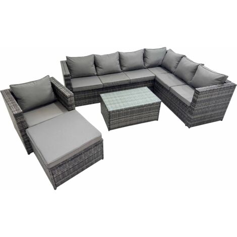 Fimous Patio Sofa Oblong Coffee Table Set Rattan Garden Furniture Set with Big Stool Chair Dark Grey Mixed