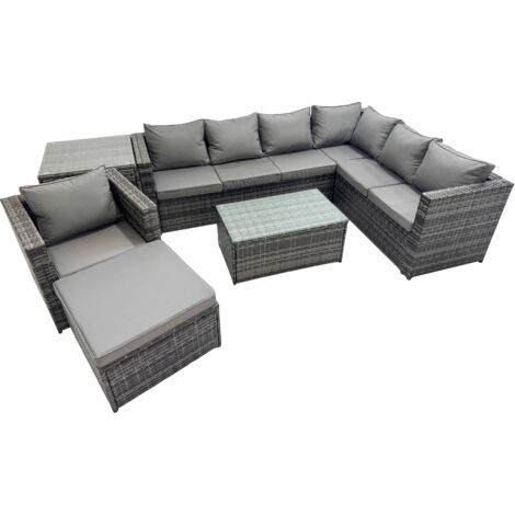 Fimous Patio Sofa Oblong Coffee Table Set Rattan Garden Furniture Set with Big Stool Chair Side Table Dark Grey Mixed