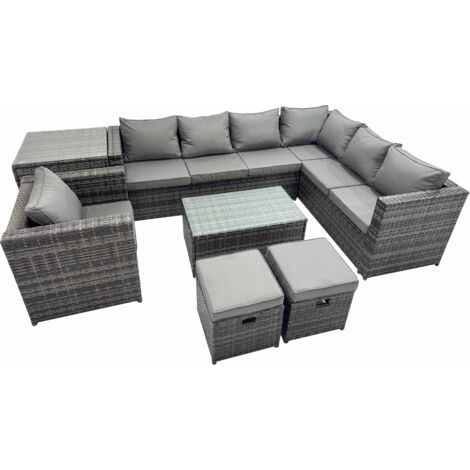 Fimous Patio Sofa Oblong Coffee Table Set Rattan Garden Furniture Set with Chair Side Table Dark Grey Mixed