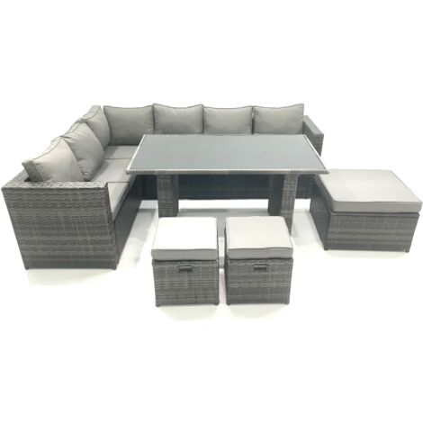 Fimous PE Rattan Corner Sofa Set Rectangular Dining Table Set With Seat And Back Cushion 7 Seater