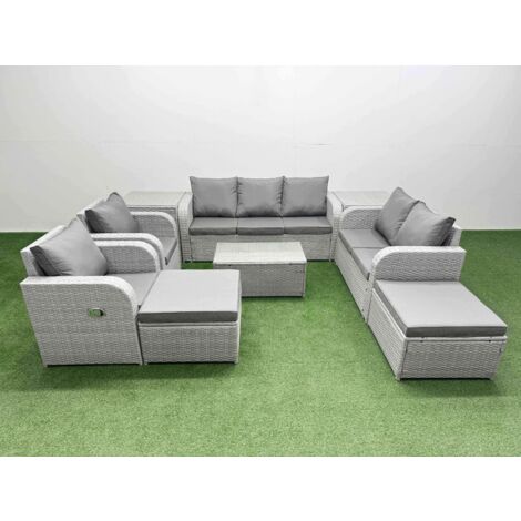 Fimous PE Rattan Garden Furniture Set Adjustable Chair Sofa Double Love Seat 2 Seater Sofa Lounge Set Oblong Coffee Table 2 Big Footstool 2 Side Table Light Grey