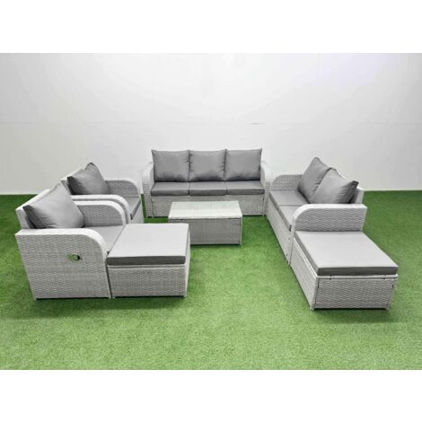 Fimous PE Rattan Garden Furniture Set Adjustable Chair Sofa Double Love Seat 2 Seater Sofa Lounge Set Oblong Coffee Table 2 Big Footstool Light Grey