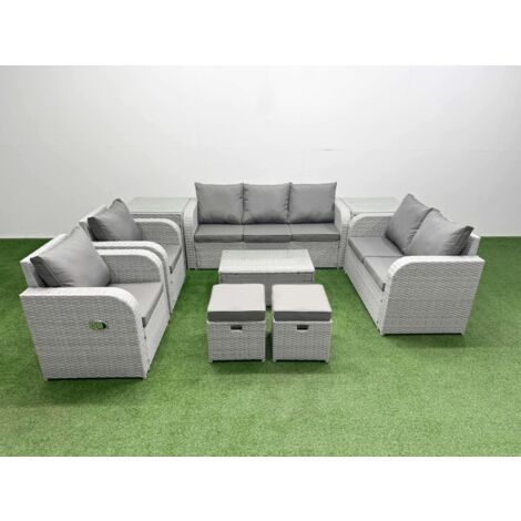 Fimous PE Rattan Garden Furniture Set Adjustable Chair Sofa Double Love Seat 2 Seater Sofa Lounge Set Oblong Coffee Table 2 Stools 2 Side Table Light Grey
