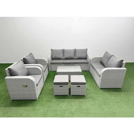 Fimous PE Rattan Garden Furniture Set Adjustable Chair Sofa Double Love Seat 2 Seater Sofa Lounge Set Oblong Coffee Table 2 Stools Light Grey