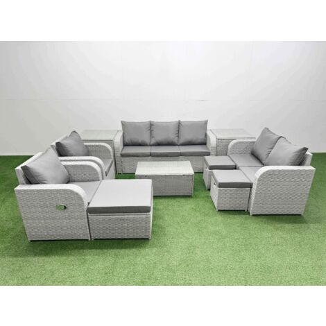 Fimous PE Rattan Garden Furniture Set Adjustable Chair Sofa Double Love Seat 2 Seater Sofa Lounge Set Oblong Coffee Table 3 Stools 2 Side Table Light Grey