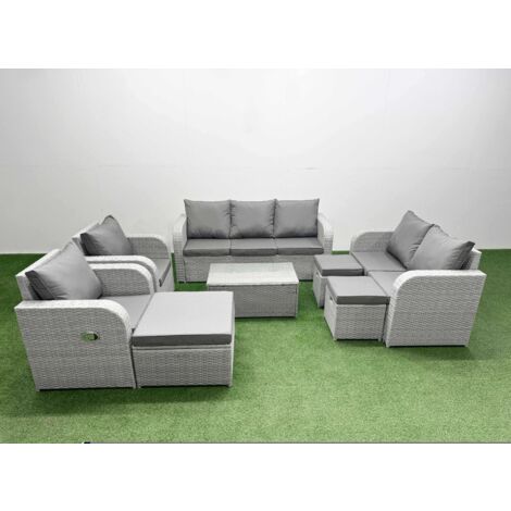 Fimous PE Rattan Garden Furniture Set Adjustable Chair Sofa Double Love Seat 2 Seater Sofa Lounge Set Oblong Coffee Table 3 Stools Light Grey