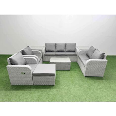 Fimous PE Rattan Garden Furniture Set Adjustable Chair Sofa Double Love Seat 2 Seater Sofa Lounge Set Oblong Coffee Table Big Footstool 2 Side Table Light Grey
