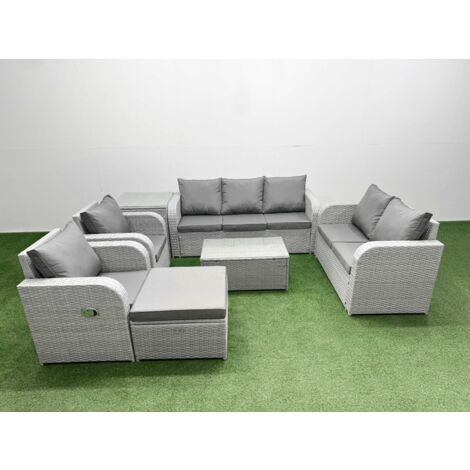 Fimous PE Rattan Garden Furniture Set Adjustable Chair Sofa Double Love Seat 2 Seater Sofa Lounge Set Oblong Coffee Table Big Footstool Side Table Light Grey