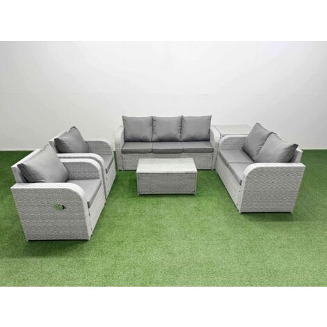 Fimous PE Rattan Garden Furniture Set Adjustable Chair Sofa Double Love Seat 2 Seater Sofa Lounge Set Oblong Coffee Table Side Table Light Grey
