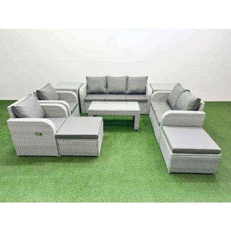 Fimous PE Rattan Garden Furniture Set Adjustable Chair Sofa Double Love Seat 2 Seater Sofa Lounge Set Rectangular Coffee Table 2 Big Footstool 2 Side Table Light Grey
