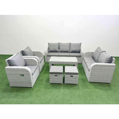 Fimous PE Rattan Garden Furniture Set Adjustable Chair Sofa Double Love Seat 2 Seater Sofa Lounge Set Rectangular Coffee Table 2 Stools Light Grey