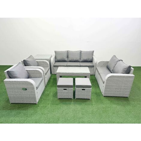 Fimous PE Rattan Garden Furniture Set Adjustable Chair Sofa Double Love Seat 2 Seater Sofa Lounge Set Rectangular Coffee Table 2 Stools Side Table Light Grey