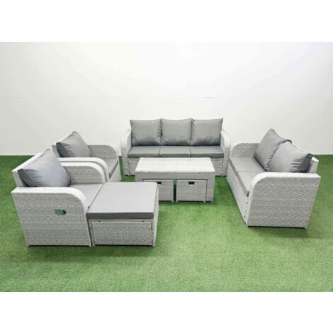 Fimous PE Rattan Garden Furniture Set Adjustable Chair Sofa Double Love Seat 2 Seater Sofa Lounge Set Rectangular Coffee Table 3 Stools Light Grey