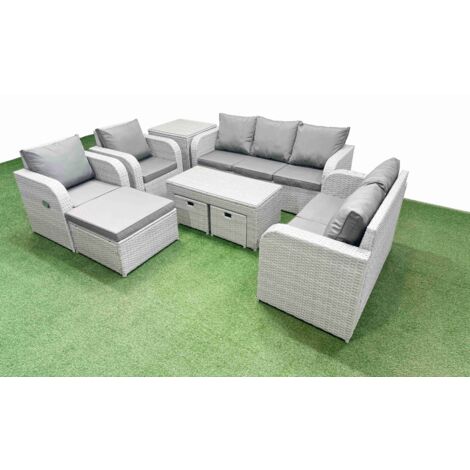 Fimous PE Rattan Garden Furniture Set Adjustable Chair Sofa Double Love Seat 2 Seater Sofa Lounge Set Rectangular Coffee Table 3 Stools Side Table Light Grey