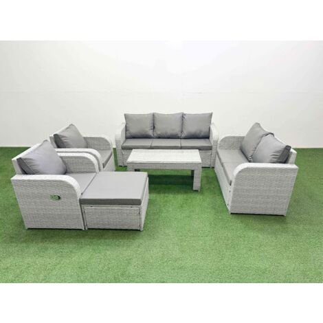 Fimous PE Rattan Garden Furniture Set Adjustable Chair Sofa Double Love Seat 2 Seater Sofa Lounge Set Rectangular Coffee Table Big Footstool Light Grey