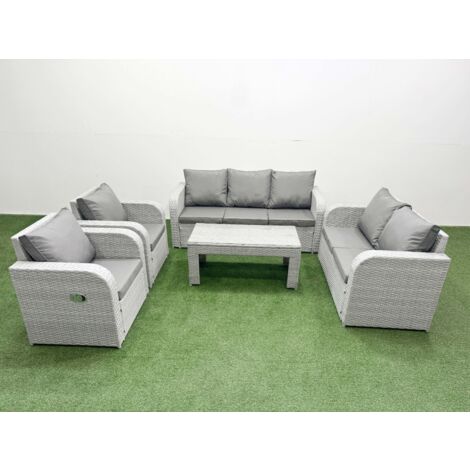 Fimous PE Rattan Garden Furniture Set Adjustable Chair Sofa Double Love Seat 2 Seater Sofa Lounge Set Rectangular Coffee Table Light Grey