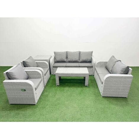 Fimous PE Rattan Garden Furniture Set Adjustable Chair Sofa Double Love Seat 2 Seater Sofa Lounge Set Rectangular Coffee Table Side Table Light Grey