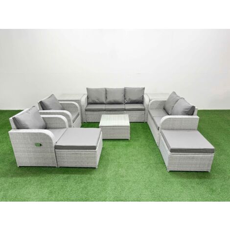 Fimous PE Rattan Garden Furniture Set Adjustable Chair Sofa Double Love Seat 2 Seater Sofa Lounge Set Square Coffee Table 2 Big Footstool 2 Side Table Light Grey