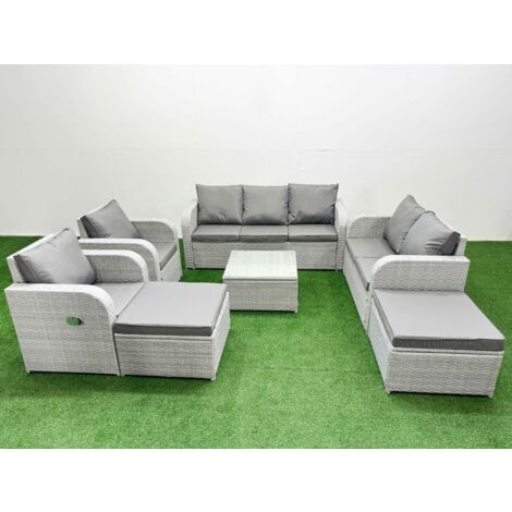 Fimous PE Rattan Garden Furniture Set Adjustable Chair Sofa Double Love Seat 2 Seater Sofa Lounge Set Square Coffee Table 2 Big Footstool Light Grey