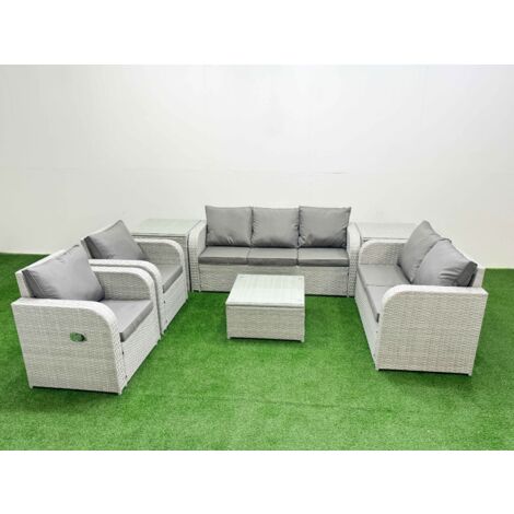 Fimous PE Rattan Garden Furniture Set Adjustable Chair Sofa Double Love Seat 2 Seater Sofa Lounge Set Square Coffee Table 2 Side Table Light Grey
