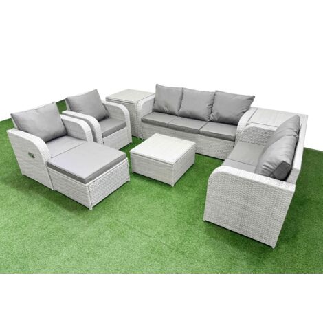 Fimous PE Rattan Garden Furniture Set Adjustable Chair Sofa Double Love Seat 2 Seater Sofa Lounge Set Square Coffee Table Big Footstool 2 Side Table Light Grey