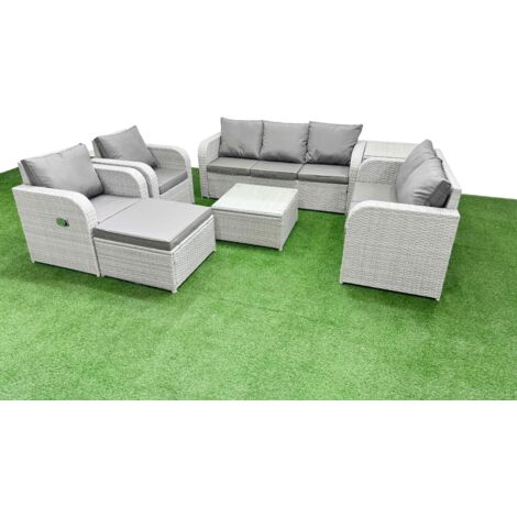 Fimous PE Rattan Garden Furniture Set Adjustable Chair Sofa Double Love Seat 2 Seater Sofa Lounge Set Square Coffee Table Big Footstool Side Table Light Grey