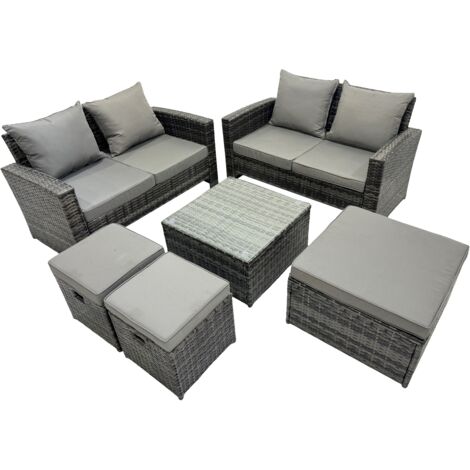 Fimous PE Rattan Garden Furniture Set Lounge Double Seat Sofa Coffee Table Set with 3 Stools Dark Grey Mixed