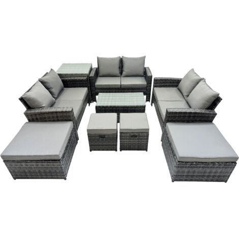Fimous PE Rattan Garden Furniture Set Lounge Double Seat Sofa Coffee Table Set with Side Table 4 Stools Dark Grey MixedMixed