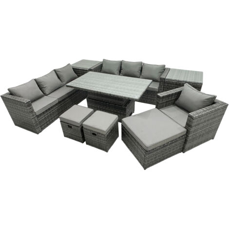 Fimous PE Rattan Garden Furniture Set Lounge Sofa Rising Dining Table Set with 2 Side Tables 3 Footstool Dark Grey Mixed