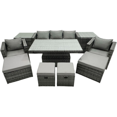 Fimous PE Rattan Garden Furniture Set Lounge Sofa Rising Dining Table Set with 2 Side Tables 4 Footstool Dark Grey Mixed